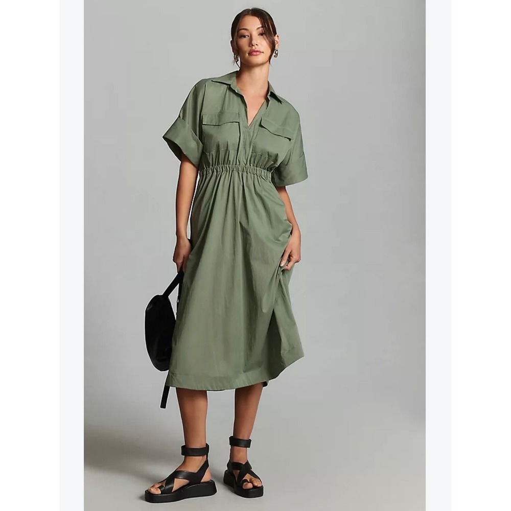 Maeve by Anthropologie Olive Green Utility Wide Leg Jumpsuit Large V-Neck Pocket